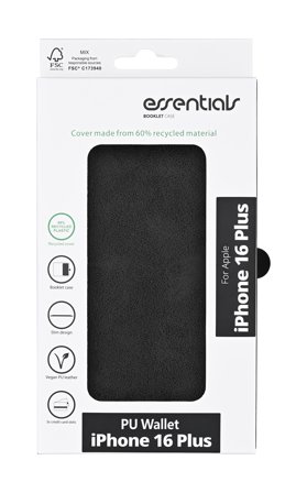 Essentials iPhone 16 Plus PU wallet, recycled, 3 cards, black