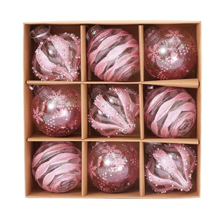 Sett med 9 julekuler, klare glitterhengende dekorasjoner, knusefrie kuler for julepynt hjemme (én størrelse) pink