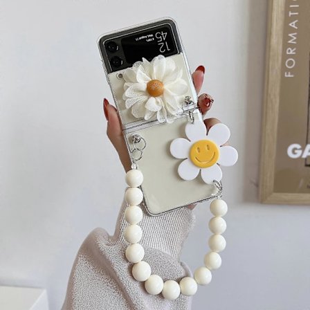 Gjennomsiktig deksel kompatibelt med Samsung Galaxy Z Flip 4, solsikkesmil hardt PC-beskyttelsesdeksel med håndleddsstropp