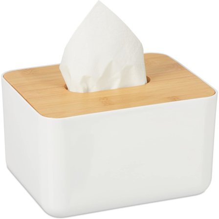 Tygbox med bambulock, för badrum, modern design, plast, H x B x D: 10 x 17 x 13 cm, vit/natur