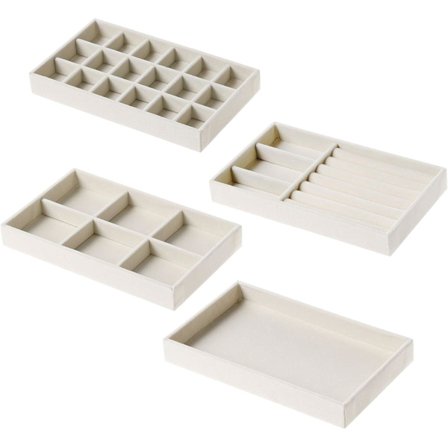 Sett med 4 smykkeskrin, smykkeoppbevaringsboks, displayholder for øredobber, halskjeder, armbånd, beige