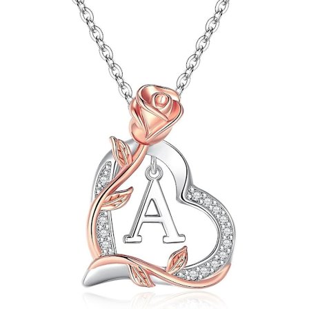 Fonkup Ros Hjärtformade Initialhalsband för Kvinnor Silver Bokstav Halsband för Kvinnor Trendiga Ros Kärlek Hjärtformade Hängsmycke Halsband för 