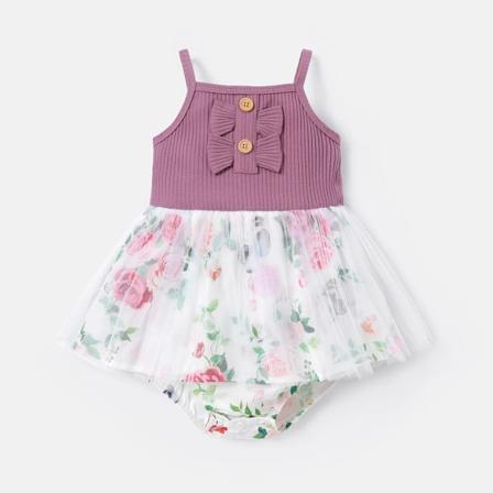 Baby Girl Solid Ribbad och Blommig Print Splits Mesh Cami Romper LightPurple 12-18Months