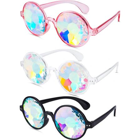 3 par Kalejdoskop Rave Glasögon Festivaler Goggle Regnbåge Solglasögon Kalejdoskop Solglasögon Prisma Brytningsglasögon (Svart, Klar, Rosa)