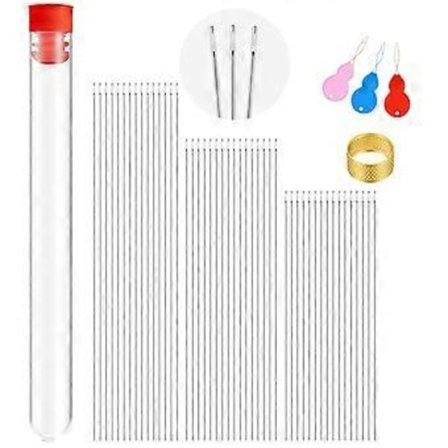 65 stk. perlenålesæt med stort øje, perlenål, frønål med 3 størrelser lige perlenåle og fingerbøl til perler