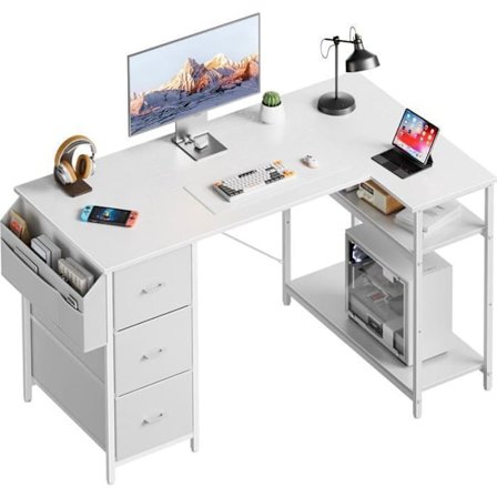 HLONONE Kulmapöytä, 120x78cm Pelipöytä, L-muotoinen pöytä 3 laatikolla, Tietokonepöytä säilytyslaukulla, Valkoinen