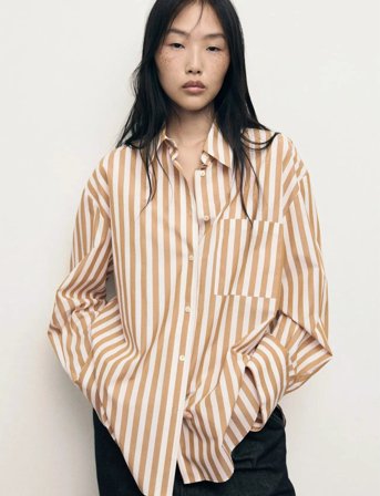 Mango Oversize Striped Shirt - Beige - S