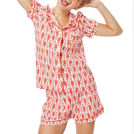 Dame Pyjamas Sett Trendy 2-delt Knapp-ned Pyjamas med Ape & Kanin Shorts Y2k Roller Dupes Kanin Preppy Loungewear Pjs Red-B