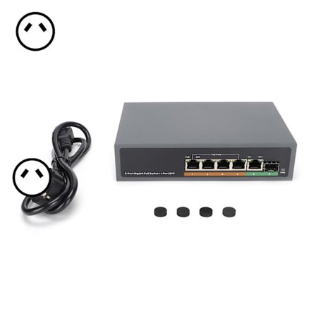 5-porttinen Gigabit POE -kytkin SFP-kuituliitännällä IEEE802.3af at 65W 100-240V AU-pistoke