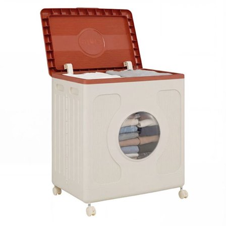 COSTWAY 122L Plastisk Opbevaringskasse med Låg, 4 Hjul, Gennemsigtig Vindu, til Tøj, Legetøj Brun