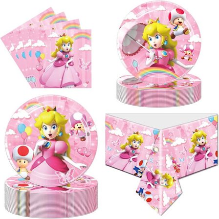 Princess Peach bursdagsfest borddekningsartikler - Princess Peach tallerkener og servietter bursdagsfest tilbehør for 20 gjester