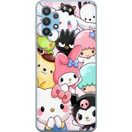 Kompatibelt Mobildeksel til Samsung Galaxy A32 5G Tett mønster av søte figurer med store øyne i ulike farger og uttrykk med LABUBU-tekst