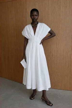 NA-KD Cotton Pleated Short Sleeve Midi Dress - Forårskjoler - Hvid - EU 42