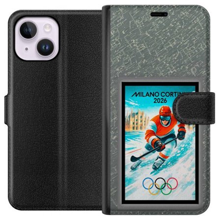 Kompatibel Tegnebogsetui til Apple iPhone 14 Plus Curling illustration med spillere og sten på isen, Milano Cortina 2026, snedækkede stænk og olympisk