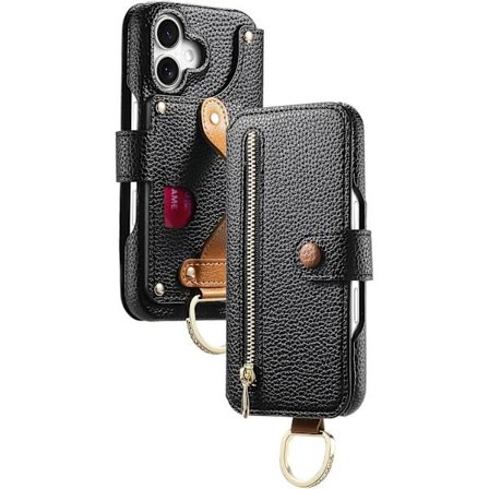 Läderfodral för iPhone 16 Pro Max/16 Pro/16 Plus/16, Handledsrem Flip Cover med Ring RFID-Blockering Blixtlås Plånbok