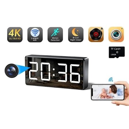 Mini 4K HD WiFi -turvakellokamera älysovelluksella ja liikkeentunnistuksella + 128G Micro TF SD-kortti