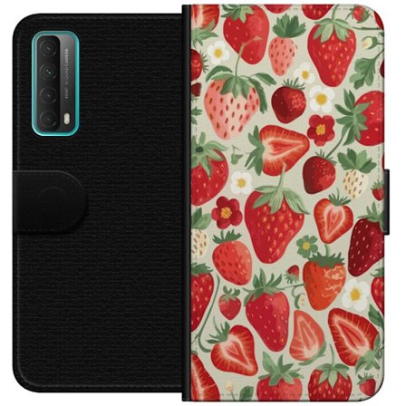 Kompatibel Tegnebogsetui til Huawei P smart 2021 Dekorativt mønster med røde jordbær, grønne blade og små blomster