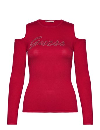 Ls Cold Shldr Guess Logo Swtr Tops T-shirts & Tops Long-sleeved Red GUESS Jeans