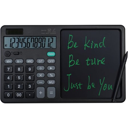 12-cifret bordregner med 7" sletbar skriveplade, stort display og jumbo-knapper, solcelle/batteri dobbelt strøm til kontor, virksomhed,