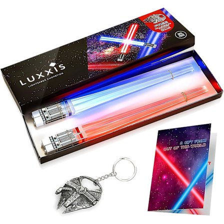 Valosaber-syömäpuikot LED-valoilla, monitoiminen Star Wars -teemajuhliin, hauska lahjapaketti [2 paria - punainen ja sininen setti]