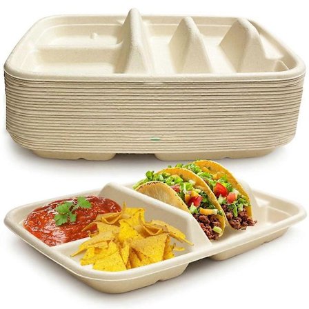 Engangs Taco Tallerkener til 2 Tacos & 2 Sider - 25 PAKKE med Rumdelere, Fiesta Taco Holder, Taco Stan (LGL)