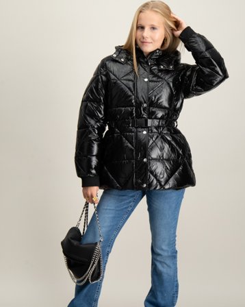 Juicy Couture High Shine Belted Mid Length Puffa Coat Czarny Kurtki Dziewczyna - Kids Brand Store