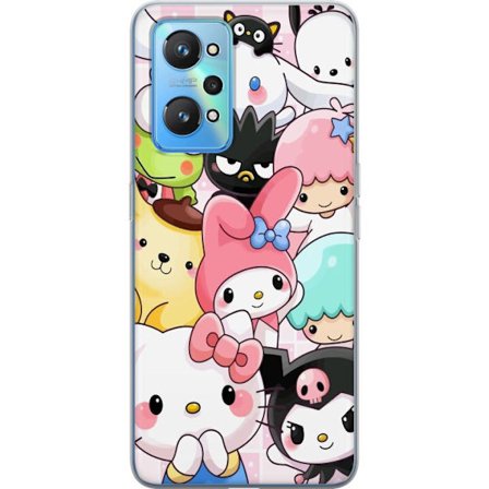 Kompatibelt Mobildeksel til Realme GT Neo2 Tett mønster av søte figurer med store øyne i ulike farger og uttrykk med LABUBU-tekst