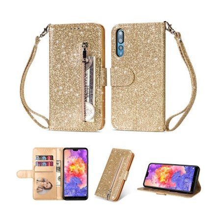 Huawei P20 Pro beskyttelses deksel av syntetisk skinn med glitter pulver - gull