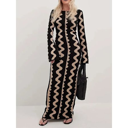 Sommar Kvinna Randig Stickad Maxi Kläder Elegant O-ring Flare Långärmad Bodycon Kläder Dam Mode Streetwear Party Kläder