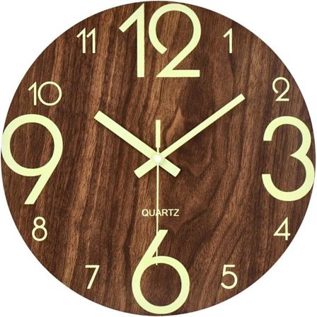 12 tommer lysende vægur i træ, lydløs med natlys, rund