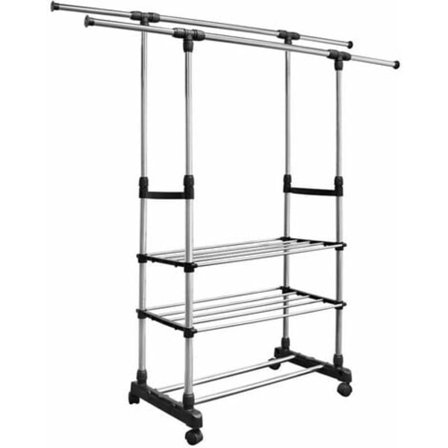 Utbyggbar klädställning med dubbel stång, metallklädställning med justerbar höjd, nedre förvaringshylla med 3 nivåer, mobil med hjul
