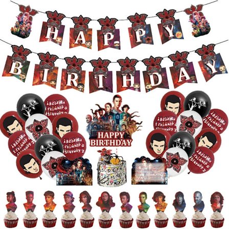 Stranger Things Bursdagsfestdekorasjoner Sett inkluderer Gratulerer med dagen-banner, lateksballonger, kaketopper, muffinsformer og festutstyr
