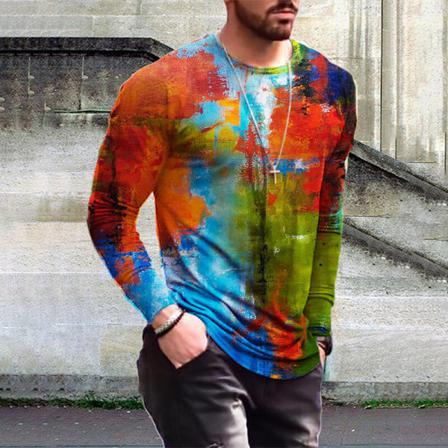 Män Långärmad Basic Tee Tie Dye Crew Neck Color Block Tops