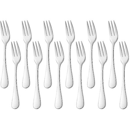 12-osainen (14 cm) ruostumattomasta teräksestä valmistettu leivonnaisten haarukkasarja, peilipintainen kakku ja jälkiruoka