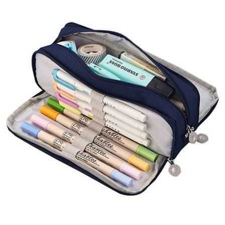 Stor 3-rums blyantsæske med stor kapacitet, marineblå KLB