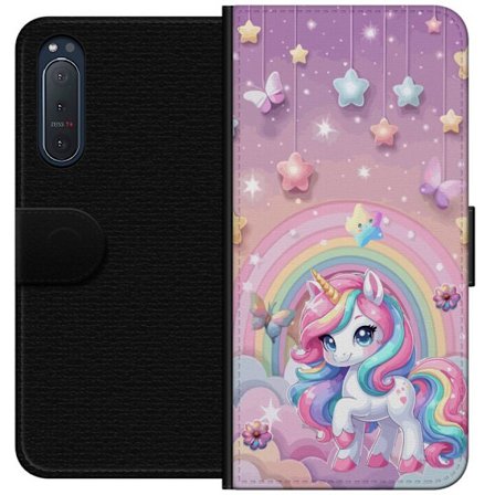 Yhteensopiva Lompakkokotelo Sony Xperia 5 II Maaginen yksisarvinen, jolla on sateenkaarimane, tähtiä ja perhosia vasten pastellinväristä taivasta, jos