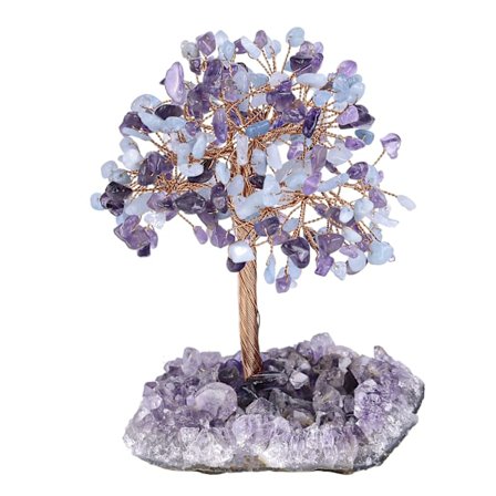 Naturlig Ametyst Krystal Sten Penge Træ med Ametyst Kvarts Krystal Klynge Base Bonsai Træ Feng Shui Skrivebords Dekoration for Velstand og Held 4.5"-6