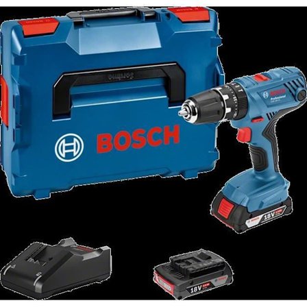 BOSCH PROFESSIONAL GSB 18V-21 slagborr + 2 batterier 2,0 Ah + GAL 18V-40 + L-BOXX