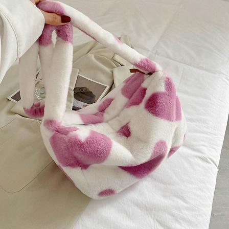 Kvinnors axelväska Mode Hjärtmönster Plysch Axelväska Armhåleväska Casual Dam Stor Kapacitet Beige