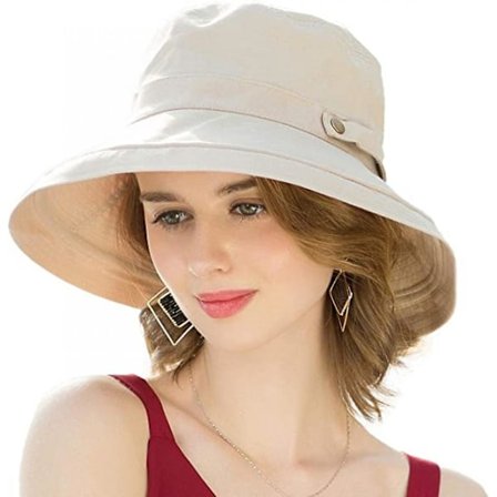 Dame Bomuld Bredskyggede Solhatte UPF50+ UV Pakkelig Strandhat Sommer Bucket Hat til Rejser, Beige