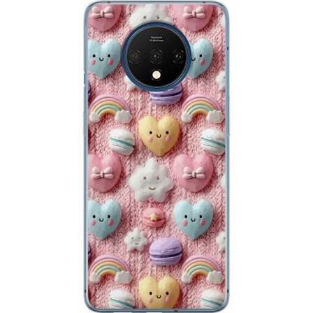 Kompatibelt Mobildeksel til OnePlus 7T Pastellmotiv med hjerter, skyer, regnbuer og makroner mot rosa bakgrunn i en søt drømmende stil.