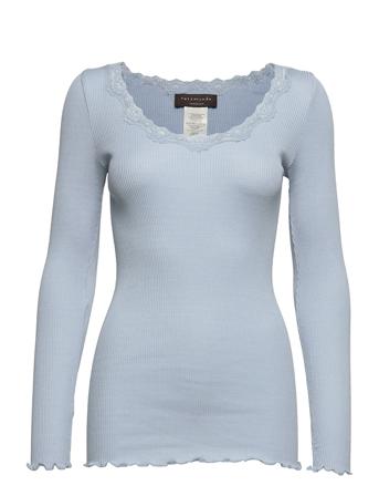 Silk T-Shirt W/ Lace T-shirts & Tops Long-sleeved Blå Rosemunde