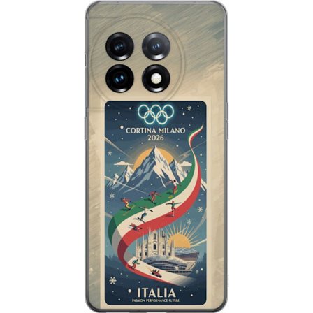 Yhteensopiva Puhelinkuori OnePlus 11R Mäkihyppykuvitus, jossa hiihtäjä tähtää kiväärillä lumisella radalla, teksti Milano Cortina 2026 ja olympialaist