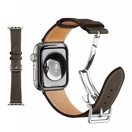 äkta läder silver spänne klockarmband för Apple Watch Series 6 / 5 44mm - mörkgrå