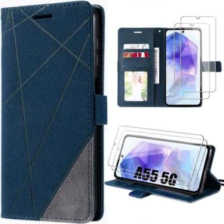 Etui + 2 hærdede briller til Samsung Galaxy A55 5G, retro lædereffekt med kortholder - marineblå marinblå
