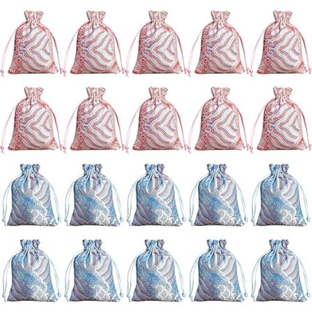 Gaveposer, 20 Styk Stofposer, Små Gaveposer, Bølgede Brokadeposer med Snøre, kompatible Smykker, Slik, Bryllup, Fødselsdag, Jul (Pin