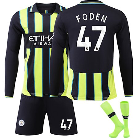24-25 Manchester City F.C. Langærmet Udebanetrøje NO.47 FODEN Trøjer Børn Voksen Fodboldudstyr med Sokker