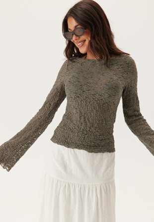 Bubbleroom - Long Sleeve Lace Top - Dusty green - Kläder