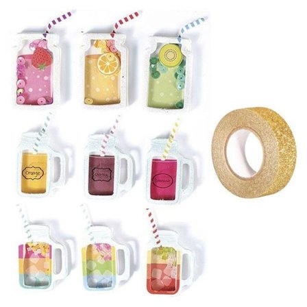 9 3D-klistermärken Drycker murare burkar 5 cm + gyllene glitter maskeringstejp 5 m