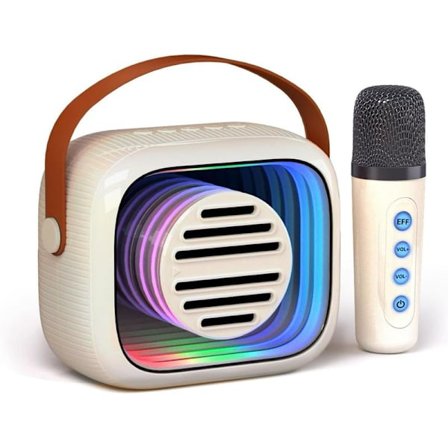 Mini Karaoke Maskine med Trådløs Mikrofon og Bluetooth Højttaler, Legetøj til Børn og Teenagere Hvid